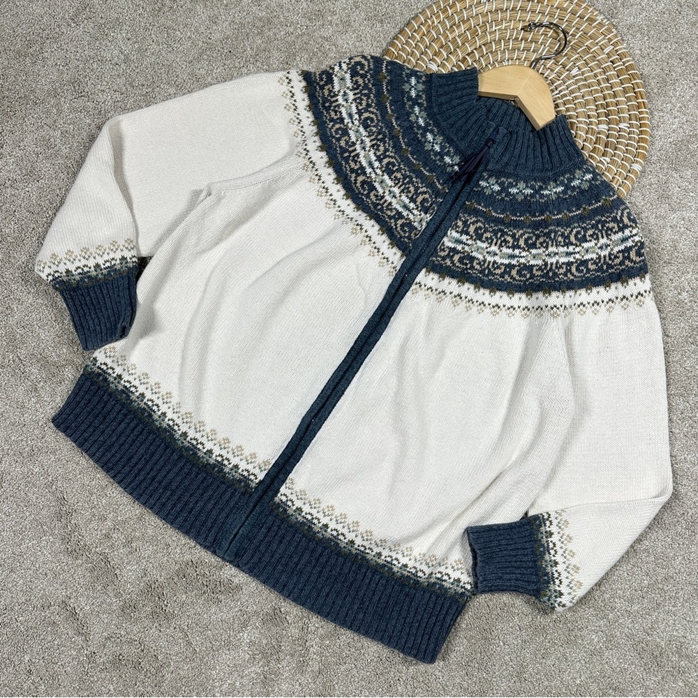 Tiara Cardigan Sweater Full Zip Mock Neck Fair Isle Nordic Ski Blue Tan White 1X